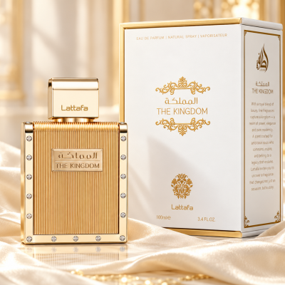 Frasco de perfume dourado decorado com pedras e caixa branca com texto THE KINGDOM Lattafa