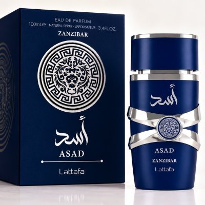 Perfume ASAD Zanzibar Lattafa azul com detalhes prateados e caixa correspondente