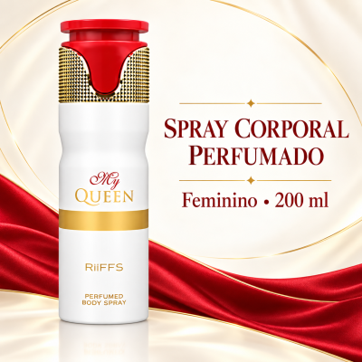 Embalagem de spray corporal perfumado branco e dourado com tampa vermelha