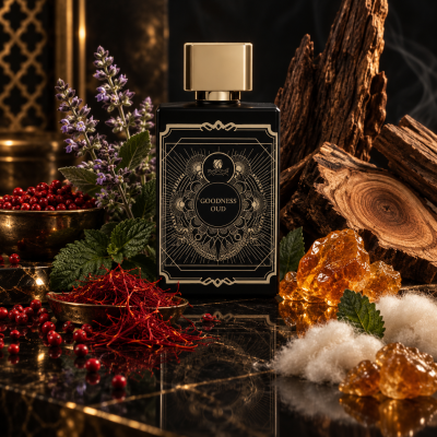 Frasco preto e dourado de perfume Goodness Oud rodeado de elementos naturais.