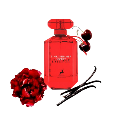 Frasco vermelho de perfume Pink Shimmer Secret Intense com cerejas, flor vermelha e ramos de baunilha