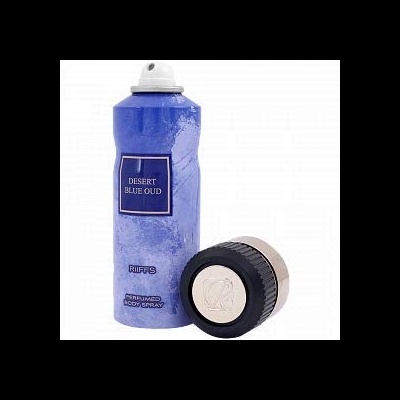 Frasco azul de spray corporal perfumado Desert Blue Oud com tampa preta à parte