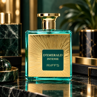 Perfume DEMERALD INTENSE RiiFFS com garrafa verde-esmeralda e detalhes dourados
