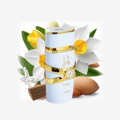 Perfume YARA Latado branco e dourado com flores, amêndoas e madeira
