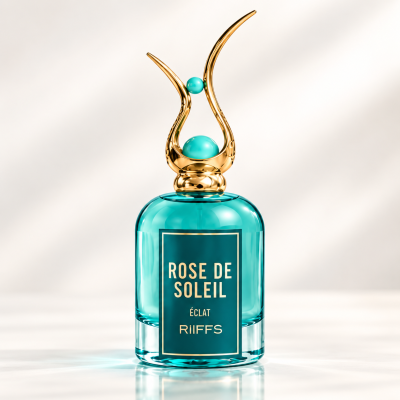 Frasco de perfume azul-turquesa com tampa dourada e texto ROSE DE SOLEIL ÉCLAT RIIFFS