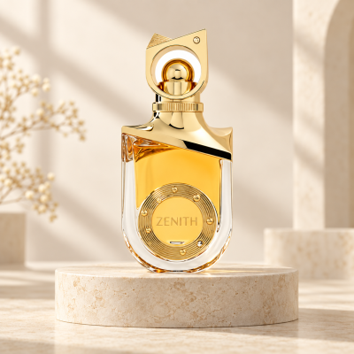 Frasco de perfume dourado e vidro transparente com líquido âmbar na base de pedra.