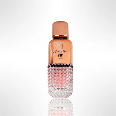 Frasco de perfume Rose Seduction VIP Femme com tampa ouro rosa e base transparente texturizada.