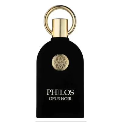 Frasco de perfume preto com tampa dourada e texto branco PHILOS OPUS NOIR