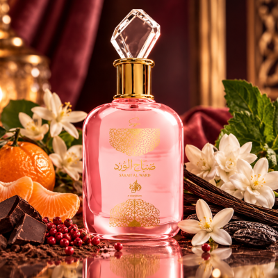 Frasco de perfume rosa com tampa cristal e detalhes dourados rodeado por ingredientes naturais