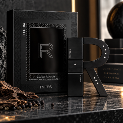 Perfume SPECTRA RiiFFS em caixa preta texturada e frasco em forma de R, sobre superfície de mármore com detalhes naturais.