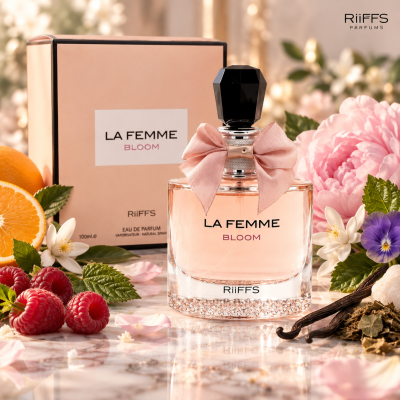 Perfume LA FEMME BLOOM da marca RiiFFS com caixa e decoração de flores, frutas e laço rosa
