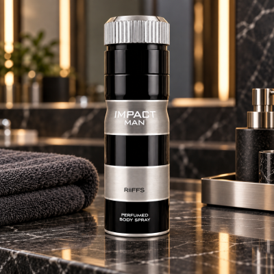 Frasco preto e prateado de body spray IMPACT MAN numa bancada de mármore com toalha cinzenta ao lado.