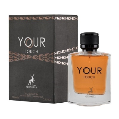 Frasco de perfume Your Touch Alhambra com caixa preta e detalhes metálicos
