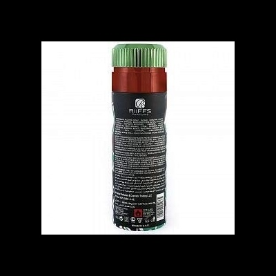 Frasco tipo spray com tampa verde e corpo vermelho e preto com texto