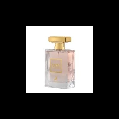 Frasco de perfume transparente rosa com tampa dourada