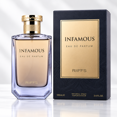 Frasco de perfume e caixa com design elegante e textos detalhados