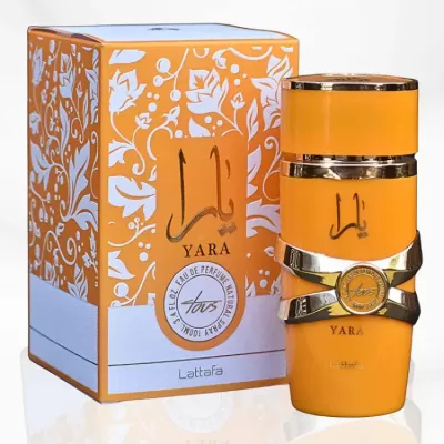 Frasco e caixa laranja de perfume YARA com detalhes dourados e padrão floral branco