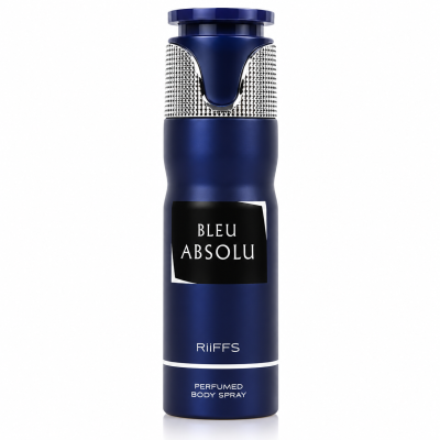 Frasco azul escuro de spray corporal perfumado com rótulo preto e tampa prateada