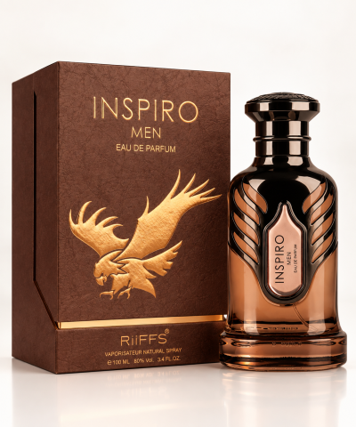 Perfume masculino INSPIRO MEN com caixa castanha e detalhes dourados