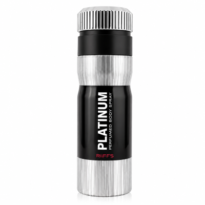 Spray corporal perfumado PLATINUM RiiFFS em embalagem metálica prateada e preta