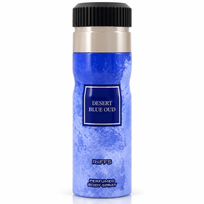 Frasco azul de spray perfumado para corpo com tampa preta