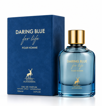 Perfume DARING BLUE for life POUR HOMME embalagem e frasco azul com tampa dourada