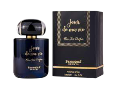 Frasco e caixa de perfume preto com detalhes dourados e texto visível