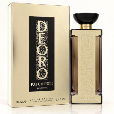 Frasco de perfume e embalagem dourada com texto DEORO PATCHOULI