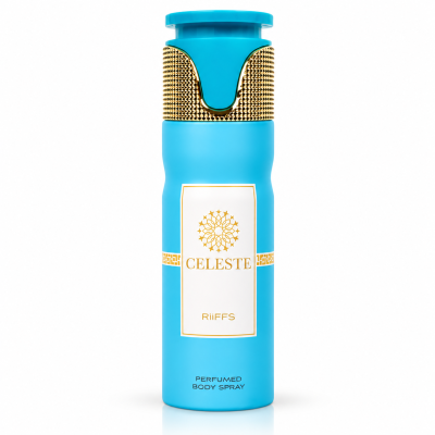 Frasco azul de spray corporal perfumado Celeste com detalhes dourados
