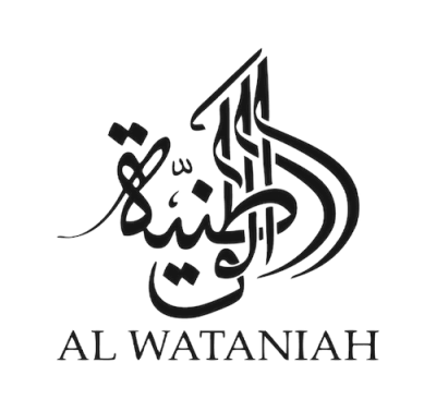 Logotipo preto e branco com texto árabe e 'AL WATANIAH'