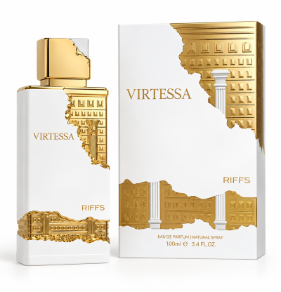 Frasco e caixa de perfume Virtessa Riffs branco com detalhes dourados arquitetónicos.