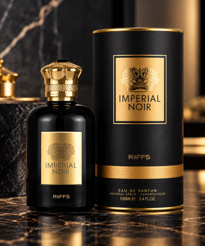 Frasco de perfume preto com rótulo dourado e embalagem cilíndrica preta e dourada