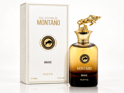 Perfume COLLECTION DE MONTANO Brave com caixa branca e frasco âmbar preto com tampa dourada em forma de touro
