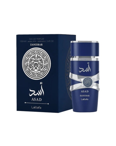 Perfume ASAD Zanzibar da Lattafa em frasco azul escuro com embalagem correspondente