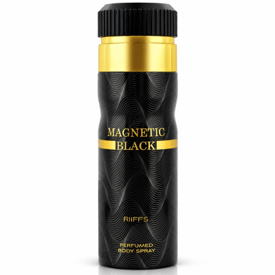 Frasco preto com tampa preta e detalhes dourados de spray corporal perfumado