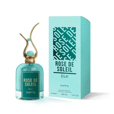 Frasco e embalagem do perfume Rose de Soleil Éclat da RiiFFS azul e dourado