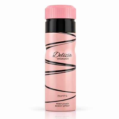 Frasco rosa de spray corporal perfumado com detalhes pretos e tampa rosa.