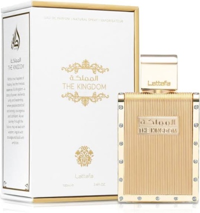 Frasco e embalagem de perfume The Kingdom da Lattafa em vidro e dourado