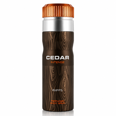 Frasco de spray corporal Cedro Intenso com padrão de madeira e tampa alaranjada