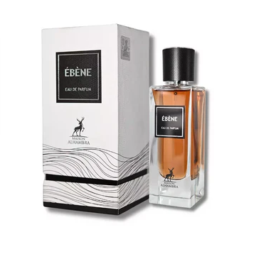 Frasco e caixa do perfume ÉBÈNE com design preto, branco e âmbar.