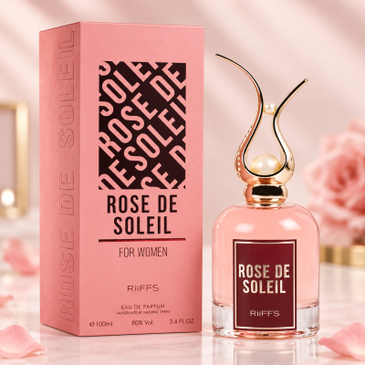 Frasco de perfume rose de soleil com tampa dourada e caixa cor de rosa