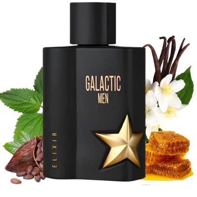 Frasco preto de perfume Galactic Men com estrela dourada e elementos naturais