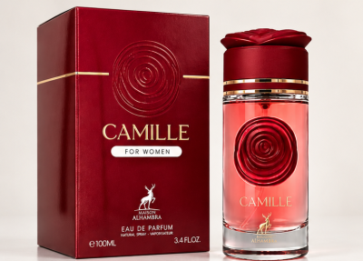 Frasco e caixa vermelha de perfume Camille for Women