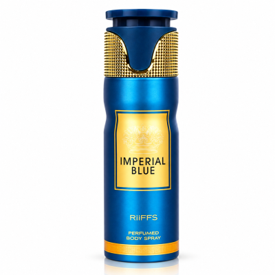Frasco azul metálico com tampa dourada texturizada e rótulo IMPERIAL BLUE