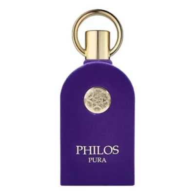 Frasco de perfume roxo aveludado PHILOS PURA com tampa dourada e emblema circular