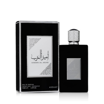 Frasco de perfume preto e embalagem preta com texto prateado