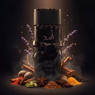 Frasco preto de perfume ASAD ELIXIR Lattafa com especiarias ao redor