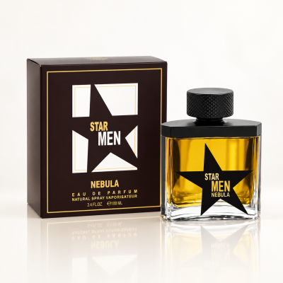 Frasco de perfume amarelo e preto com caixa preta STAR MEN NEBULA