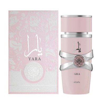 Frasco e embalagem de perfume YARA Lattafa rosa claro com detalhes prateados