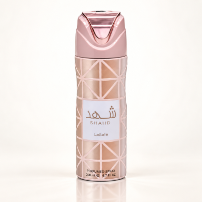 Frasco de spray perfumado SHAHED Lattafa rosa com padrão geométrico